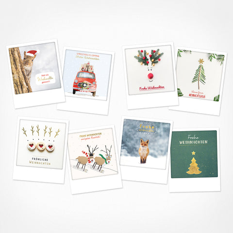 Das Zauberhafte Zeit 8er Postkarten-Set von Pickmotion enthält acht festliche Karten mit fröhlichen Motiven und Sprüchen - ideal als Foto-Postkarte oder zur festlichen Dekoration Ihrer Urlaubsgrüße.