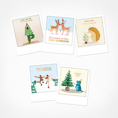 Das 5-teilige Postkartenset "Besinnliche Momente" von Pickmotion zeigt festliche, humorvolle Illustrationen mit goldenen Akzenten und fröhlichen deutschen Feiertagssprüchen.