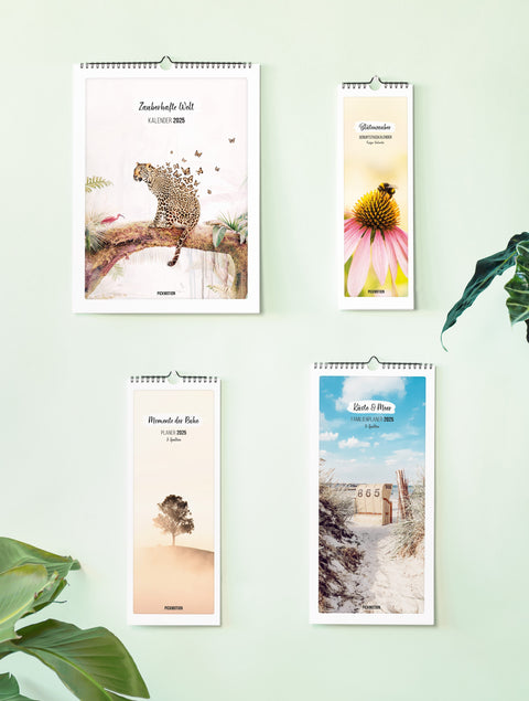 Vier Wandkalender mit Naturmotiven, die an einer hellgrünen Wand mit einigen Pflanzen in der Nähe angebracht sind.
