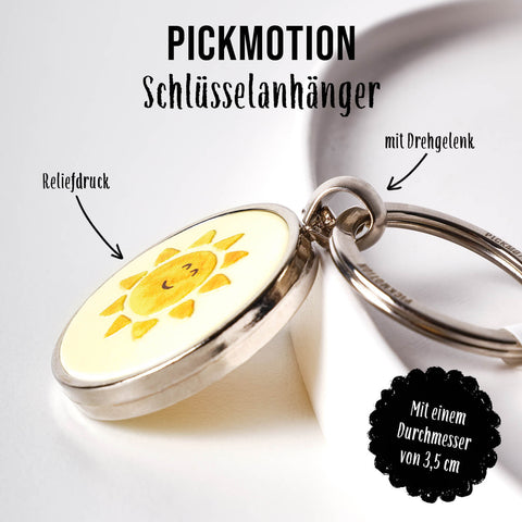 Runder Pickmotion Basketball-Schlüsselanhänger mit lächelnder Sonne, geprägten Details und Text, der den Durchmesser von 3,5 cm beschreibt.