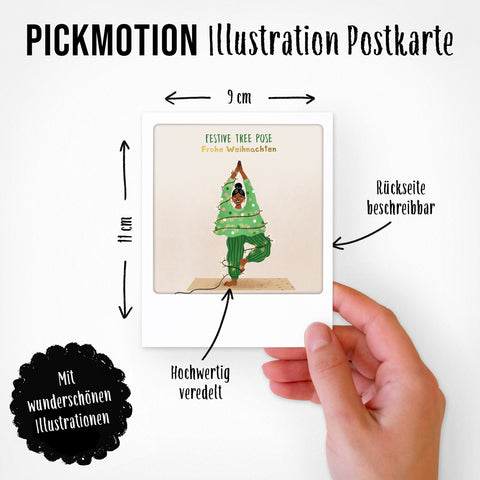 Eine Hand hält eine Pickmotion-Postkarte aus dem Set "Besinnliche Momente" (5er-Set), verziert mit Goldeffekten, festlichem Baum und deutschen weihnachtlichen Sprüchen.