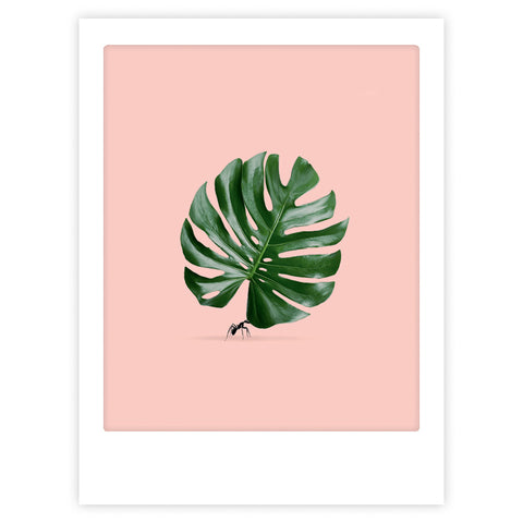 Stay strong" von Pickmotion - ein stilvolles Kunstposter mit einem großen grünen Monstera-Blatt und einer Ameise auf rosafarbenem Hintergrund im Polaroid-Stil, das Ihrem Raum einen eleganten Charakter verleiht.