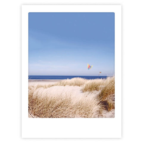 Das Pickmotion "soft flight" Art Poster zeigt einen bunten Drachen, der an einem sonnigen Strand über Sanddünen und hohen Gräsern schwebt und jedem Bilderrahmen stilvollen Charakter verleiht.