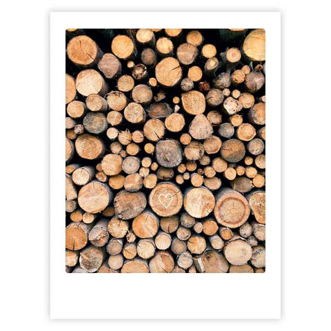 Das "take me to the woods" Kunstposter von Pickmotion zeigt gestapelte, geschnittene Baumstämme mit sichtbaren Jahresringen und einer Herzform, die in einen Baum geschnitzt ist. Es verleiht jedem Raum einen stilvollen Charakter und eignet sich perfekt für individuelle Rahmen.