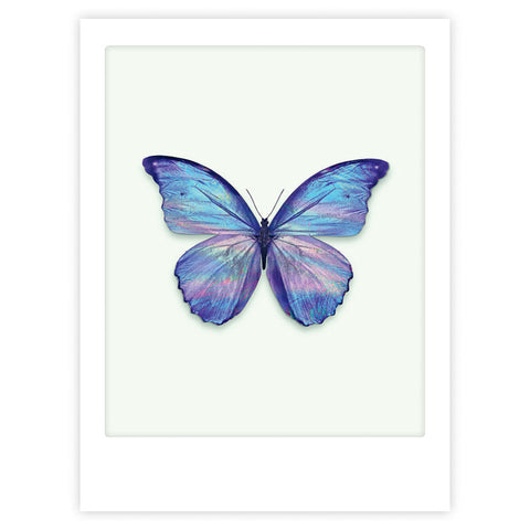 Spread your wings and fly" von Pickmotion zeigt einen blauen und lilafarbenen Schmetterling, der auf einem hellen Hintergrund mit weißem Rand zentriert ist - perfekt als Kunstposter, um Ihrem Raum einen stilvollen Charakter zu verleihen, und gut kombinierbar mit individuellen Rahmen.