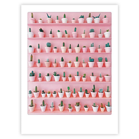 Reihen von kleinen Kaktuspflanzen in weißen und rosafarbenen Töpfen sind ordentlich auf rosafarbenen Regalen vor einer rosafarbenen Wand angeordnet und bilden das perfekte internationale Motiv für ein Art Poster oder einen stilvollen Bilderrahmen. Mit "Kaktuswand" von Pickmotion.