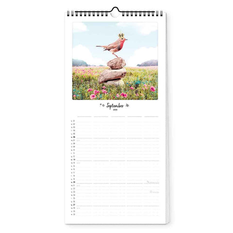 Ein gekröntes Rotkehlchen steht auf Felsen in einer Blumenwiese über der Septemberseite des Pickmotion Zauberhafte Welt - Familienplaner (20x42) und bringt Bergzauber an Ihre Wand.