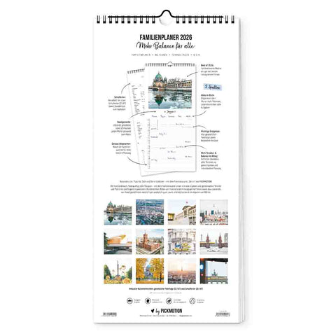 Der Pickmotion Berlin - Familienplaner (Format 20x42) enthält Stadtillustrationen, ein Musterlayout und monatliche Kunstwerke in Miniaturansicht - ideal als stilvoller Familienplaner oder Wandkalender für die organisierte Planung im Jahr 2026.