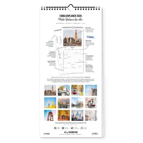 Der Wien - Planer (Format 15x40) von Pickmotion ist ein Familienplanerkalender 2024 mit Stadtansichten prunkvoller Gebäude und einem Monatsplaner auf der Vorderseite.