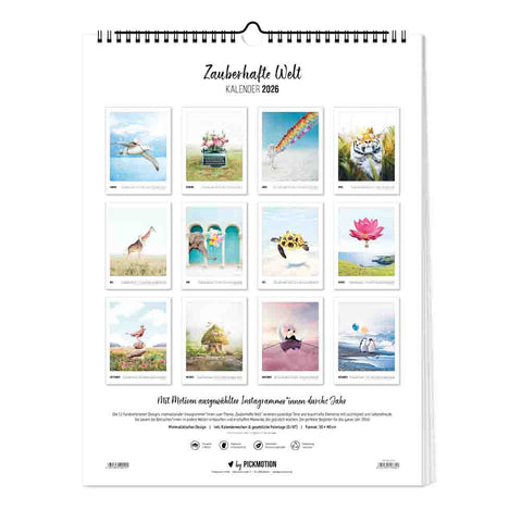 Der Pickmotion "Zauberhafte Welt - Kalender" (30x40) ist ein Wandkalender für das Jahr 2026 mit skurrilen, farbenfrohen Tier- und Naturillustrationen im Rastermaß.