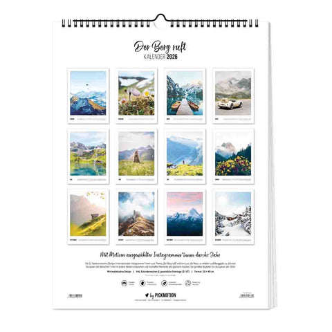 Der Pickmotion "Der Berg ruft - Kalender" (30x40) ist ein Wandkalender für das Jahr 2026 mit zwölf malerischen Bergfotos in einem 3x4-Raster auf weißem Hintergrund.