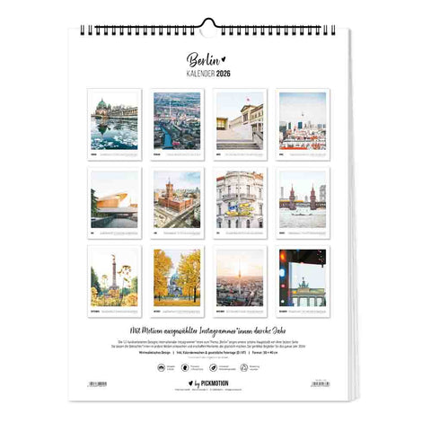 Pickmotion Berlin - Kalender (30x40): Minimalistisches Design mit 12 bunten Stadtwahrzeichen-Fotos als Wandkalender, im Raster auf weißem Hintergrund arrangiert. Perfekt für 2026!.
