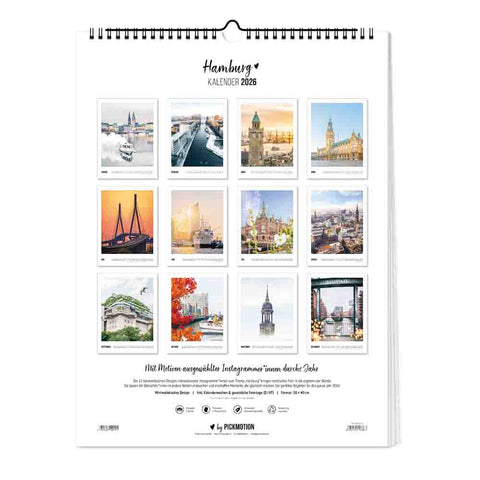 Rückseite des Hamburg - Kalenders (Format 30x40) von Pickmotion, der 12 monatliche Stadtbildillustrationen im nordischen Design für 2026 zeigt.