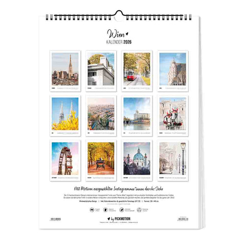 Die Pickmotion Wien - Kalender 2026 (Format 30x40) zeigt zwölf illustrierte Stadtszenen mit beeindruckenden Gebäuden und Wiens berühmten Wahrzeichen in großformatigen Motiven.