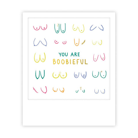 Die fröhliche Pickmotion-Postkarte "you are boobieful" zeigt farbenfrohe Zeichnungen verschiedener Brustformen im Instagram-Stil, mit dem aufmunternden Motto in der Mitte - perfekt für kreative Instagram-Aufnahmen.