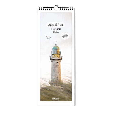 Der Pickmotion Küste & Meer - Planer (15x40) mit Leuchtturm, Möwe und "Küste & Meer PLANER 2026" auf dem Umschlag ist ein stilvoller Familienplaner und Küstenkalender für Ihr Zuhause.