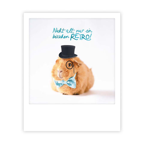 Ein Meerschweinchen im Sofortbild-Stil mit Zylinder, Fliege und Monokel. Oben steht: nicht alt, nur ein bisschen retro - von Pickmotion.