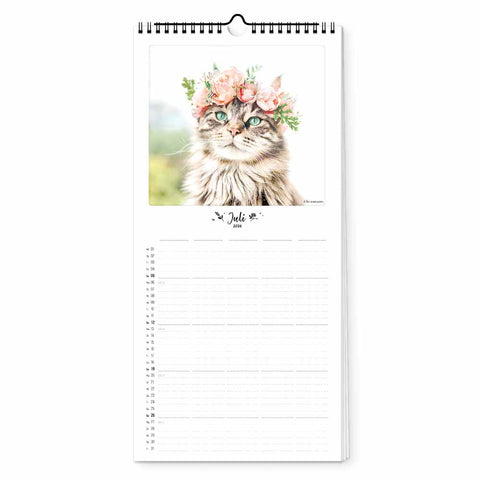 Eine flauschige Katze mit einer rosa Blumenkrone ziert die Juli-Seite des Katz & Kater - Planers (Format 15x40) von Pickmotion - der ideale Familienplaner 2024 für Katzenliebhaber.
