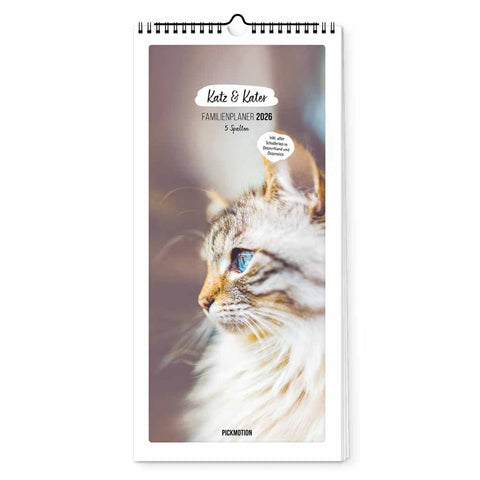 Eine flauschige, blauäugige Katze ziert das Cover des Pickmotion Katz & Kater - Familienplaner (Format 20x42) und verleiht Ihrem Familienplaner 2026 zusätzlichen Charme.