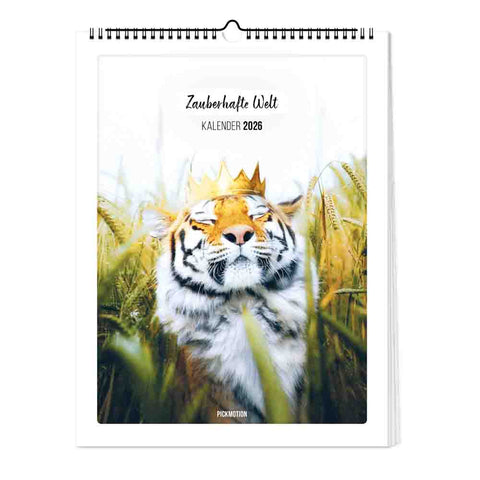 Ein gekrönter Tiger sitzt im hohen Gras auf dem Cover des Pickmotion-Kalenders 2026 "Zauberhafte Welt - Kalender (Format 30x40).