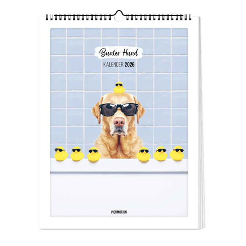 Ein Hund mit Sonnenbrille, davor Gummienten, vor einer Kachelwand - ideal als verspielter Blickfang für Ihren "Bunter Hund - Kalender" (30x40) von Pickmotion.