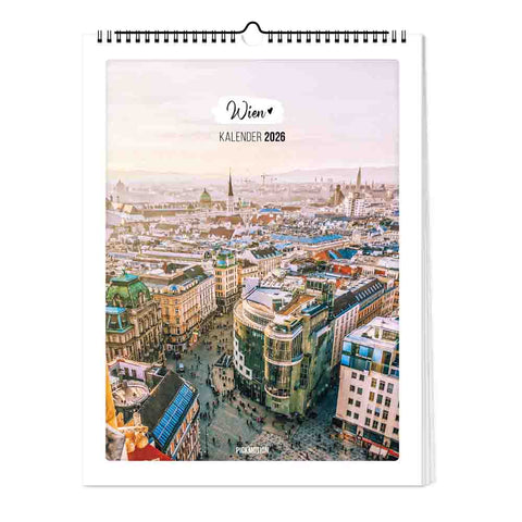 Der Pickmotion Wien - Kalender (Format 30x40) 2026 zeigt großformatige Stadtmotive, die prunkvolle Gebäude und moderne Wahrzeichen Wiens unter einem sanften Pastellhimmel vereinen.