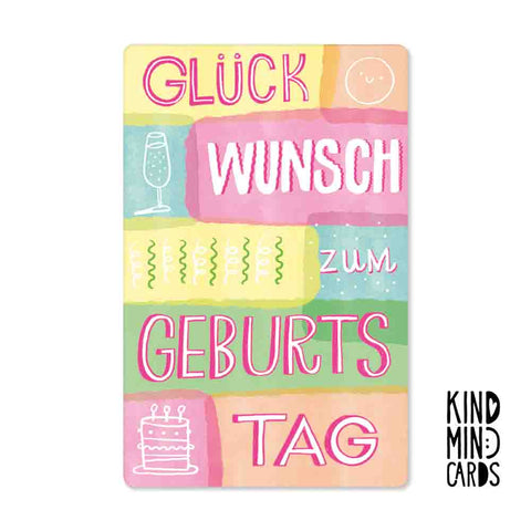 Eine pastellfarbene "Glückwunsch zum Geburtstag"-Karte von Pickmotion mit bezaubernden Illustrationen von Kuchen und Sekt, gedruckt auf hochwertigem Naturpapier.