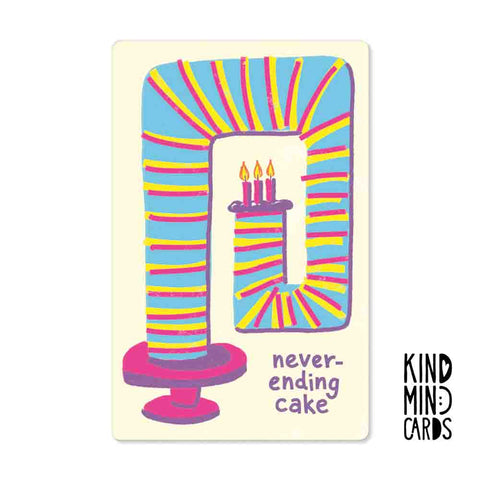 Ein leuchtend gestreifter Endloskuchen mit Kerzen erscheint neben dem Text "never ending cake" von Pickmotion - ideal für Designkarten aus Premium-Naturpapier oder kombiniert mit NEON KIND MIND CARDS.