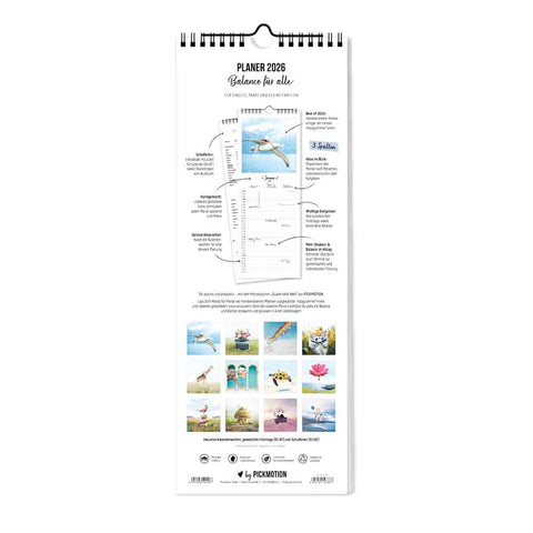 Der Pickmotion Zauberhafte Welt - Planer (15x40) ist ein vertikaler Kalender für das Jahr 2026 mit Bildern aus der Natur, Notizzetteln und monatlicher Einteilung - ideal als Familienplaner, um Ihre Termine zu organisieren.