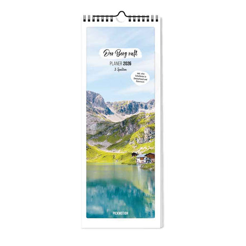 Der Berg ruft - Planer (Format 15x40) von Pickmotion mit atemberaubendem Bergsee-Cover, Alpenpanorama, blauem Himmel und grünen Hügeln - ideal für Naturliebhaber.
