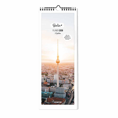 Der Berlin - Planer (Format 15x40) von Pickmotion ist ein stilvoller vertikaler Wandkalender mit dem Berliner Fernsehturm bei Sonnenuntergang - ideal als Familienplaner oder Berlin-Kalender, um Ihr Jahr zu organisieren.
