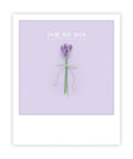 Entdecken Sie die "Just for you"-Postkarte von Pickmotion: ein kleiner Lavendelblumenstrauß, gebunden mit grüner Schnur auf lila, mit "Just for you" darüber - ideal für einzigartige Einzelmotive oder zum Teilen auf Instagram.